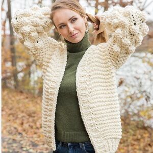 Main Strip Chunky Knit Bauble Sleeve Cardigan – Cream Oversized Cozy Sweater